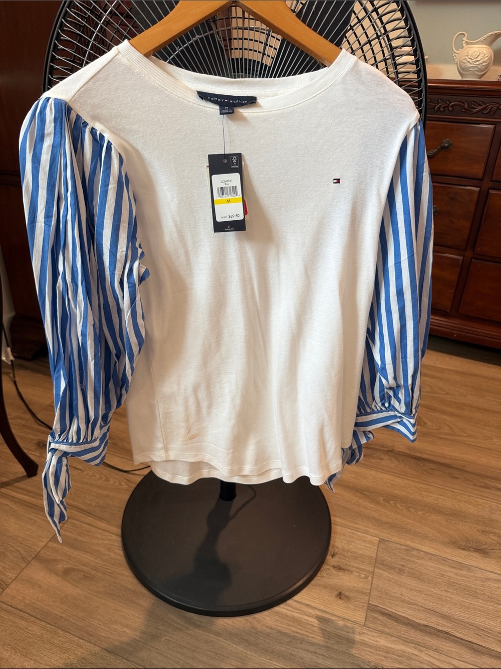 Tommy Hilfiger White Top with Blue Striped Puff Sleeves and Tie Cuffs